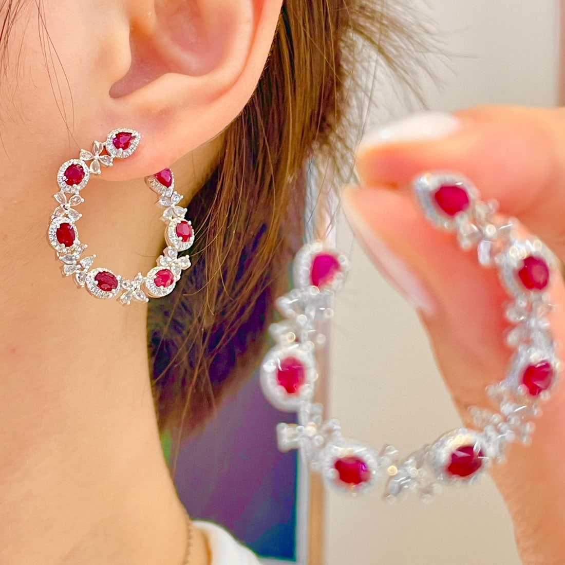 14k Gold 5.07 Ctw Natural Ruby & Sapphire Earrings - 4