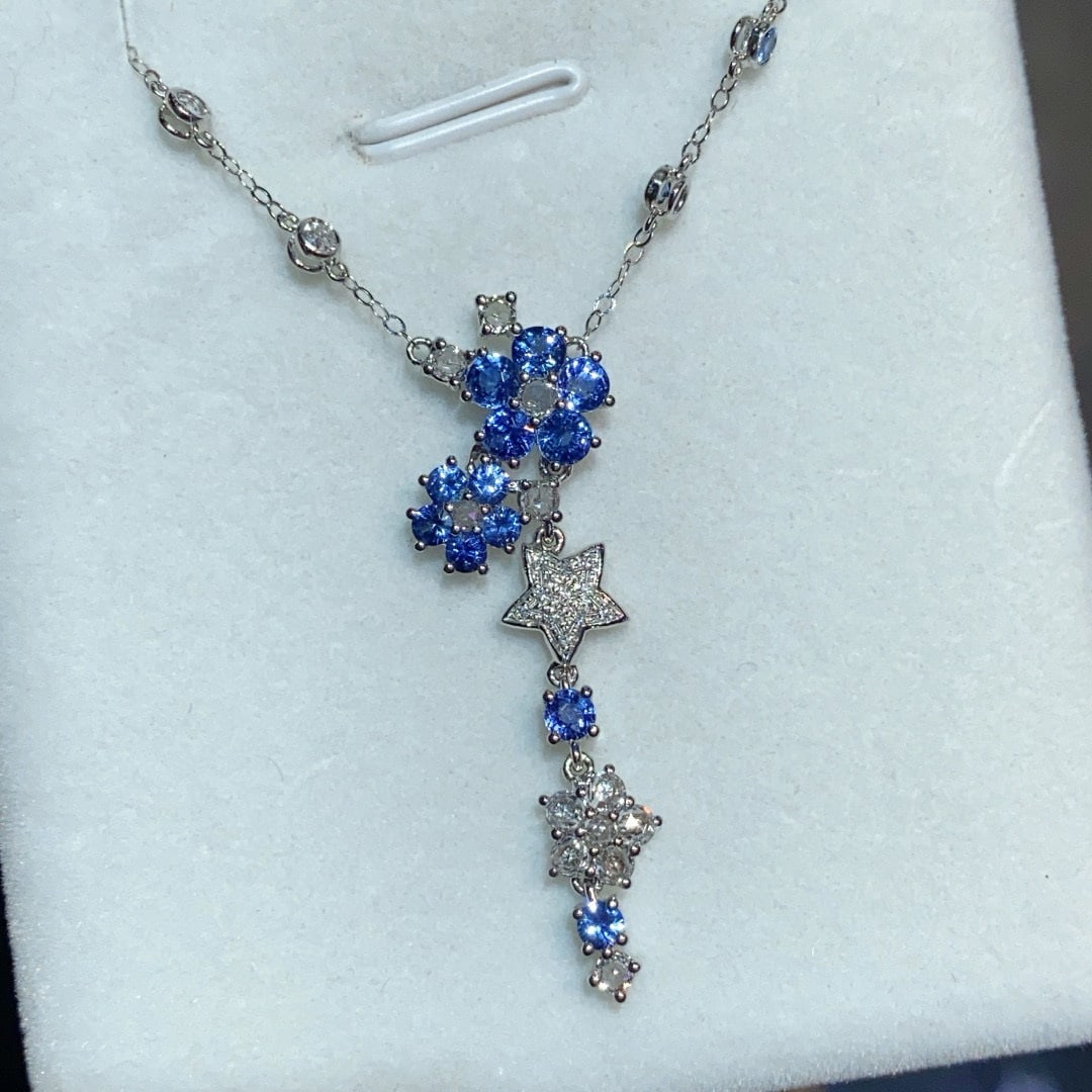 14k Gold 1.3 Ct Natural Sapphire & Diamond & Sapphire Necklace: Ref:231030351 // gold content:14k gold // main gemstone:sapphire // shape:round // carat weight:1. 3ct // color:blue // treatment:natural // cut grade:g // // adjacent gemstone 2 : diamond // number