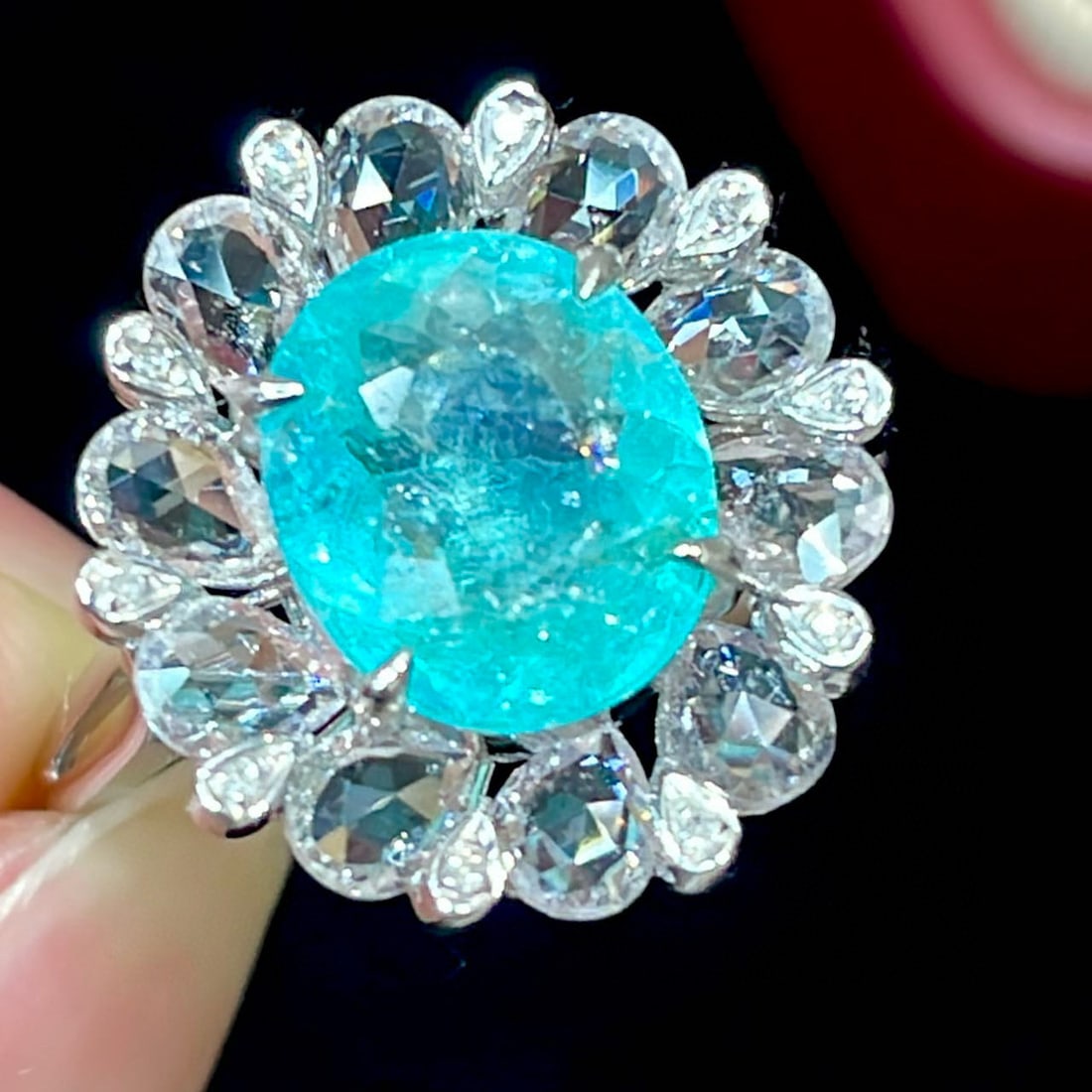 14k Gold 1.95 Ct Natural Paraiba Tourmaline & Sapphire & Diamond Ring: Ref:231030367 // gold content:14k gold // ring size:7. 25us // // main gemstone:paraiba tourmaline // shape:oval // carat weight:1. 95ct // color:blue // treatment:natural // // adjacent gemstone 2 :