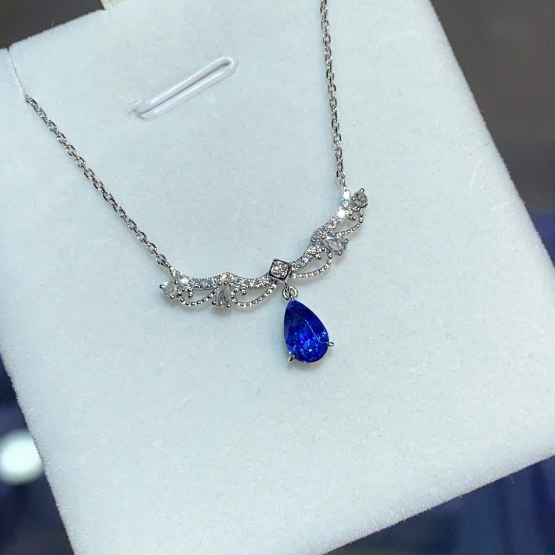 14k Gold 1.18 Ct Natural Sapphire & Diamond & Sapphire Necklace - 2