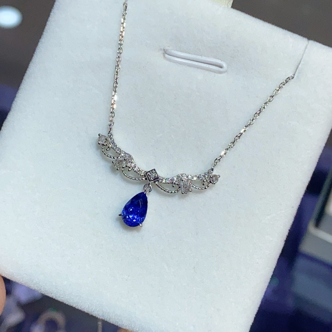 14k Gold 1.18 Ct Natural Sapphire & Diamond & Sapphire Necklace - 4