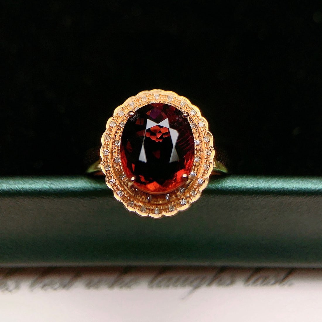 14k Gold 3.42 Ctw Natural Tourmaline & Diamond Ring: Ref:231030387 // gold content:14k gold // ring size:7. 25us // // main gemstone:tourmaline // shape:oval // carat weight:3. 3ct // color:red // treatment:natural // // adjacent gemstone 2 : diamond