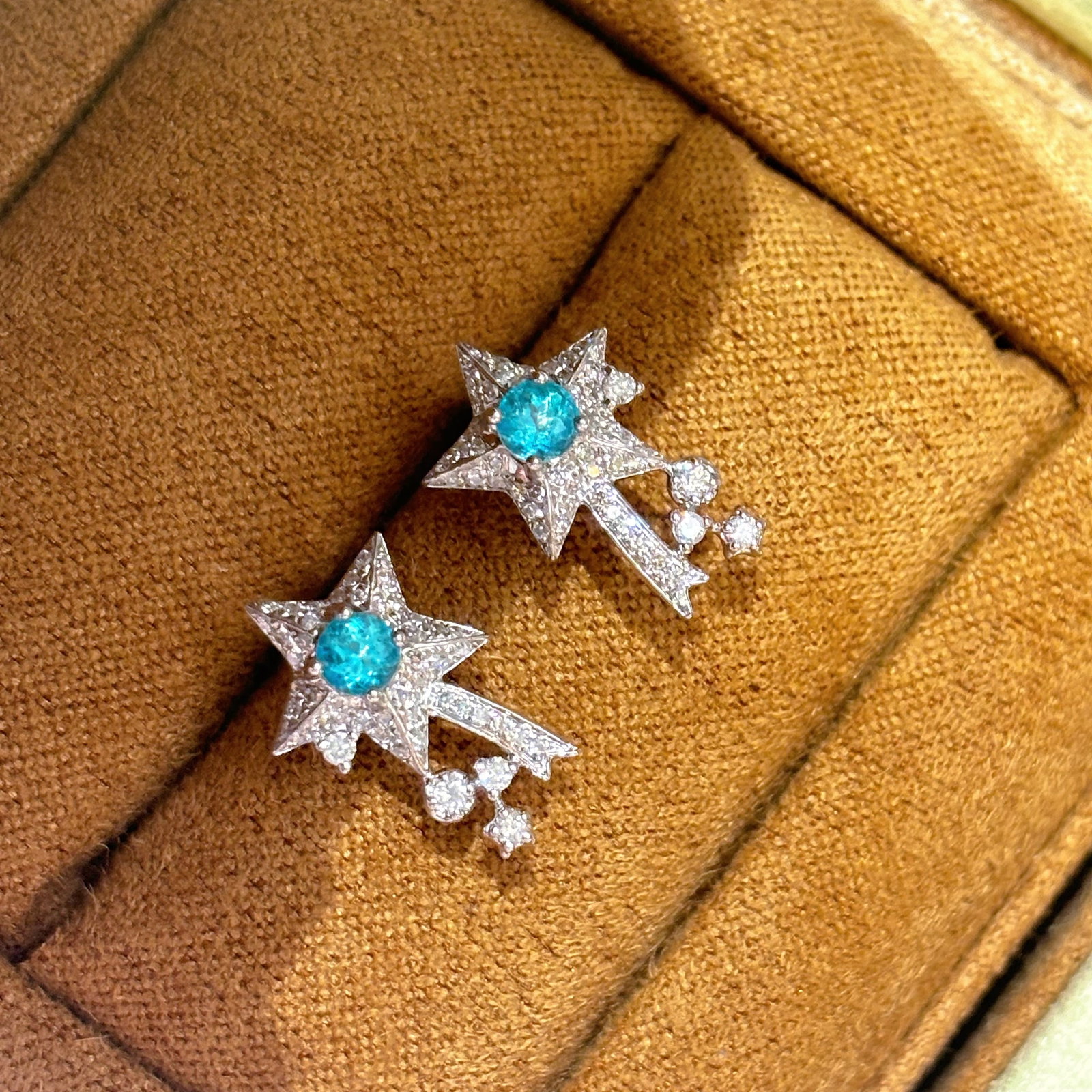 14k Gold 0.25 Ct Natural Paraiba Tourmaline & Diamond Earrings - 2