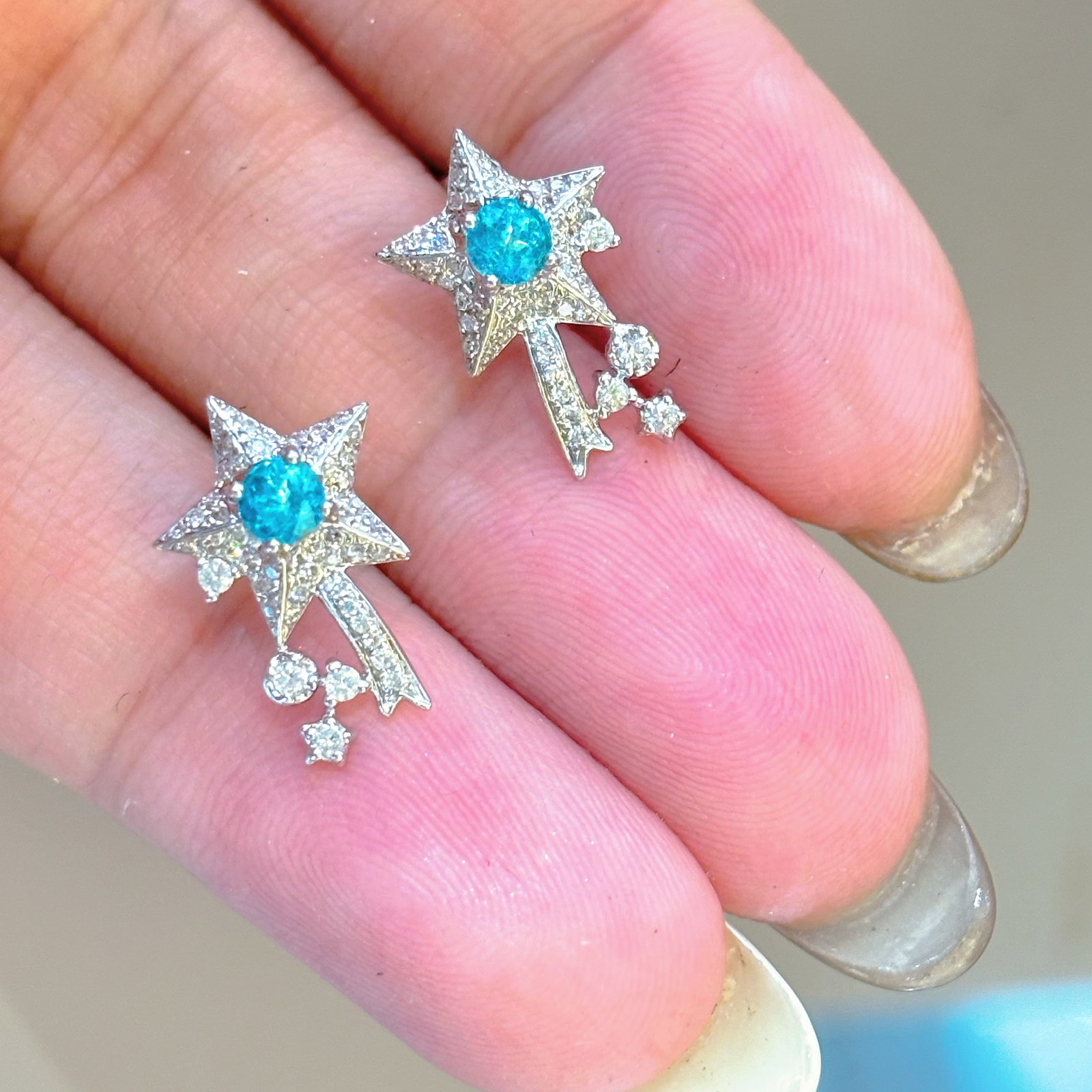 14k Gold 0.25 Ct Natural Paraiba Tourmaline & Diamond Earrings - 7