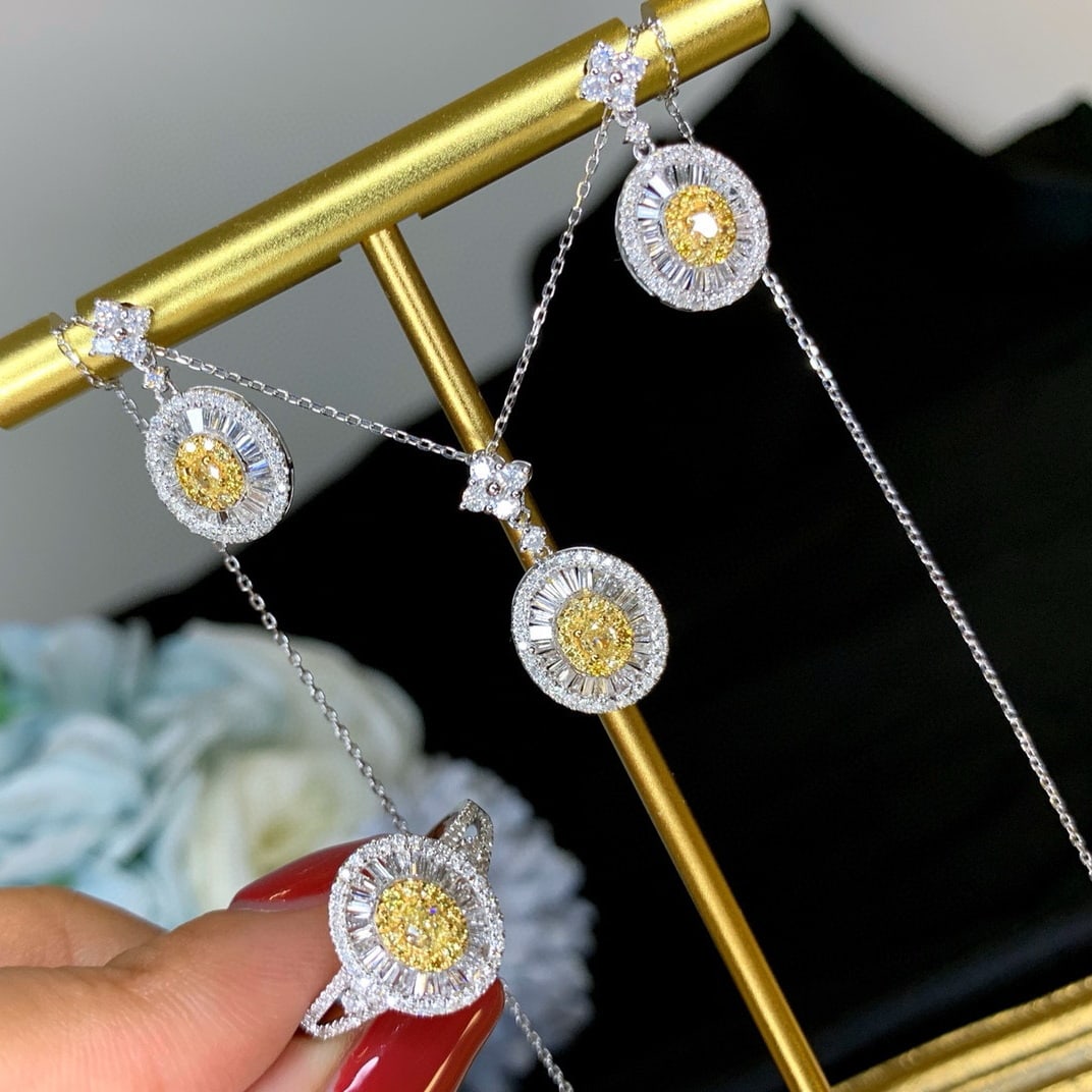 14k Gold 2.4 Ct Natural Color Diamond Jewelry Set: Ref:231030432 // gold content:14k gold // ring size:7. 25us // // necklace // main gemstone:diamond // shape:multiply // carat weight:0. 7ct // clarity grade:vs-si // color:color // treatment:natural