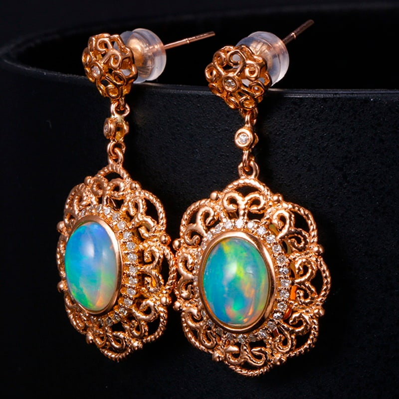 14k Gold 3.05 Ctw Natural Opal & Diamond Earrings - 2