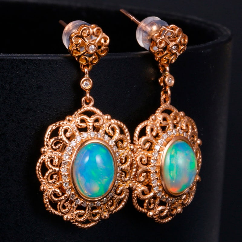 14k Gold 3.05 Ctw Natural Opal & Diamond Earrings - 3