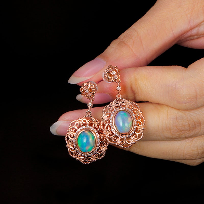 14k Gold 3.05 Ctw Natural Opal & Diamond Earrings - 4