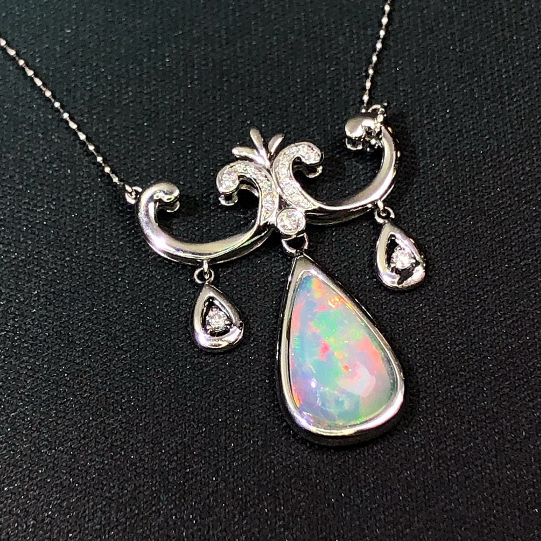 14k Gold 1.46 Ctw Natural Opal & Diamond Necklace - 2