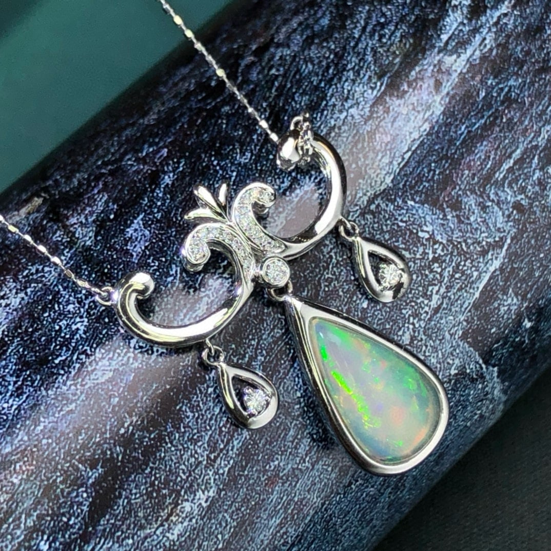 14k Gold 1.46 Ctw Natural Opal & Diamond Necklace - 5