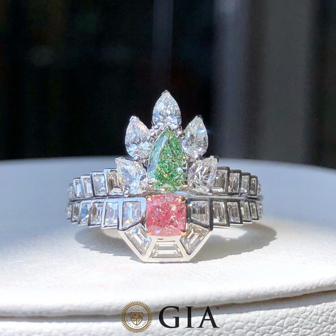 Gia Certified 14k Gold 0.65 Ctw Natural Green Diamond & Pink Diamond Ring: Ref:231031002 // gold content:14k gold // ring size:7. 25us // // main gemstone:green diamond // certified:gia // shape:pear // carat weight:0. 35ct // clarity grade:vvs2 // color:green //