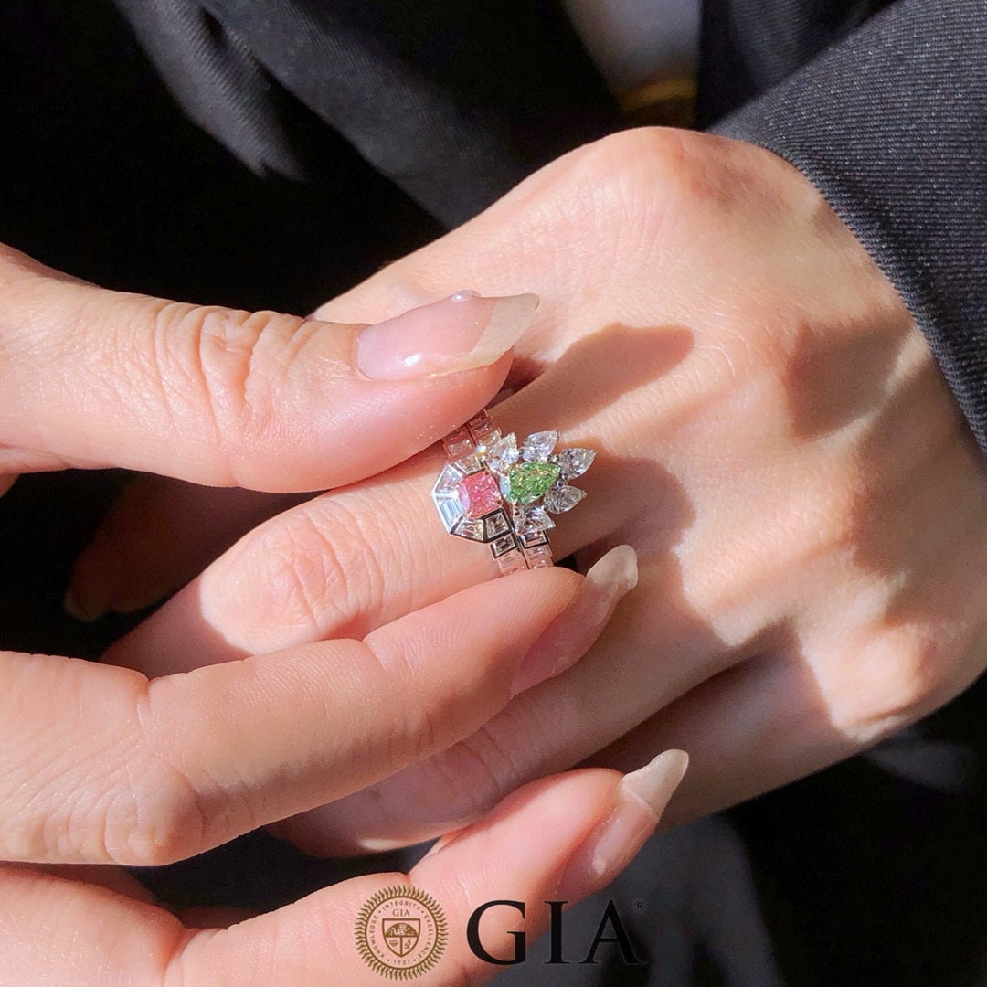 Gia Certified 14k Gold 0.65 Ctw Natural Green Diamond & Pink Diamond Ring - 8