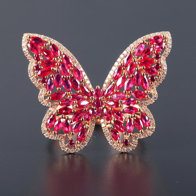14k Gold 3.00 Ctw Natural Ruby & Diamond & Butterfly Ring: Ref:231031010 // gold content:14k gold // ring size:7. 25us // // main gemstone:ruby // shape:multiply // carat weight:2. 65ct // color:red // treatment:natural // // adjacent gemstone 2 : diamond //
