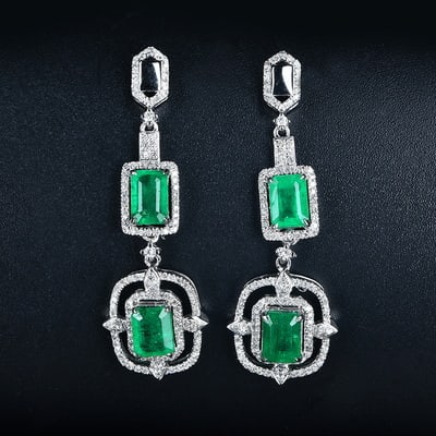 14k Gold 2.6 Ct Vivid Green Natural Emerald & Diamond Earrings - 2