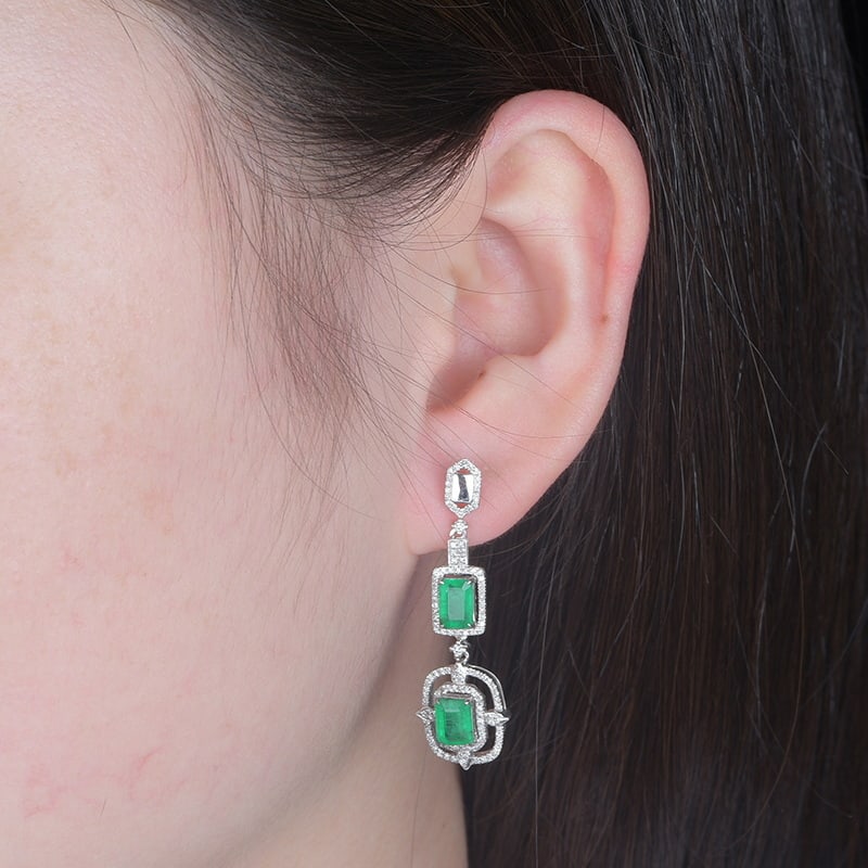 14k Gold 2.6 Ct Vivid Green Natural Emerald & Diamond Earrings - 3