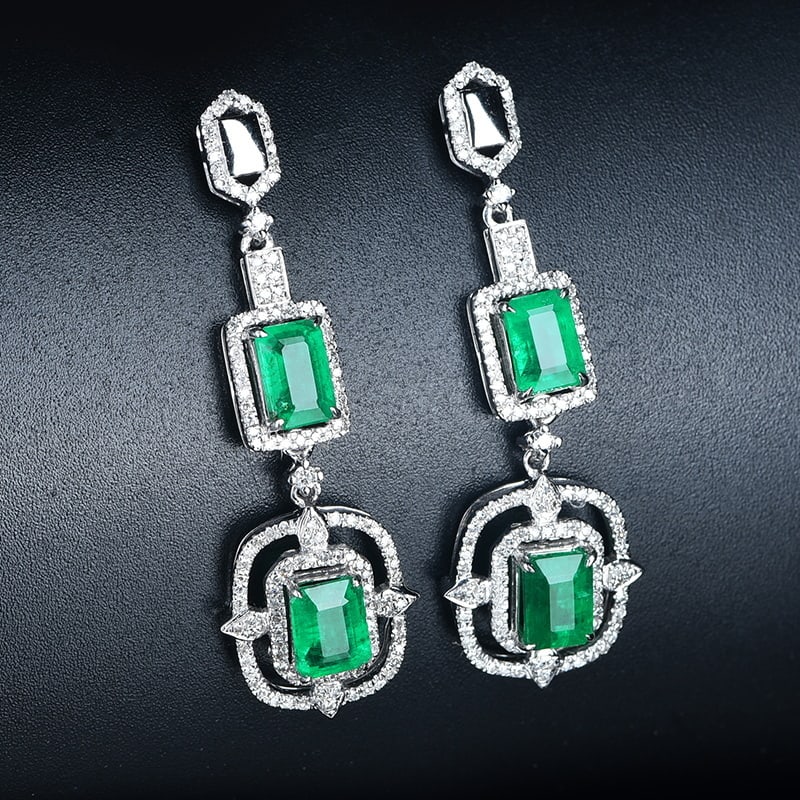 14k Gold 2.6 Ct Vivid Green Natural Emerald & Diamond Earrings - 4