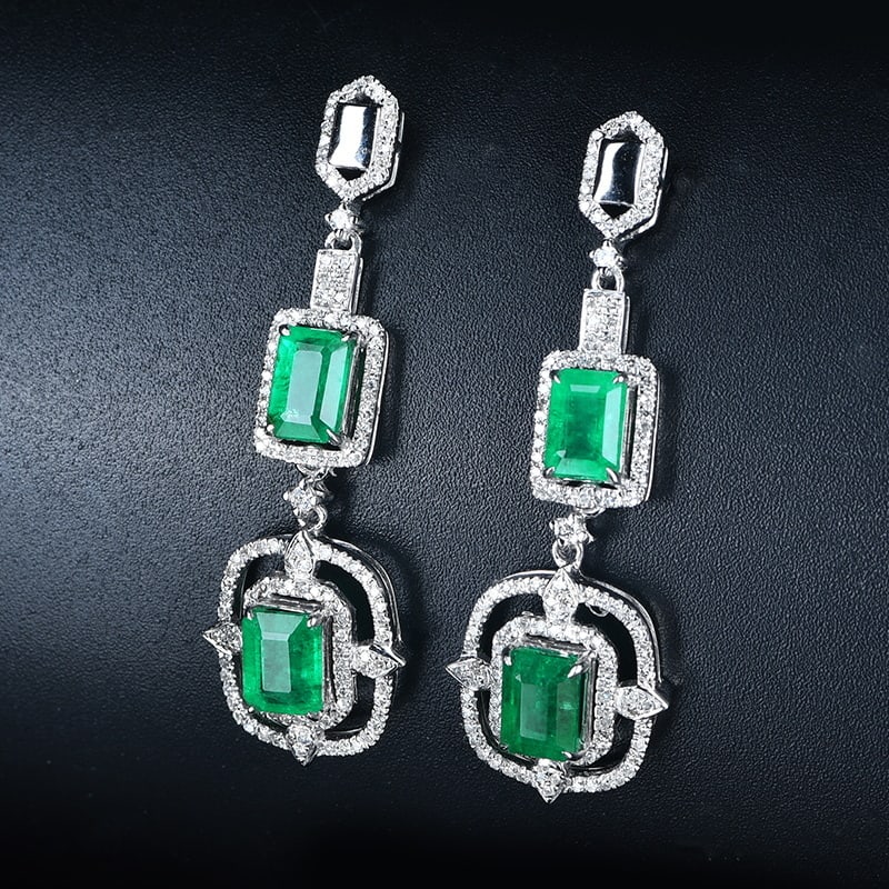 14k Gold 2.6 Ct Vivid Green Natural Emerald & Diamond Earrings - 5