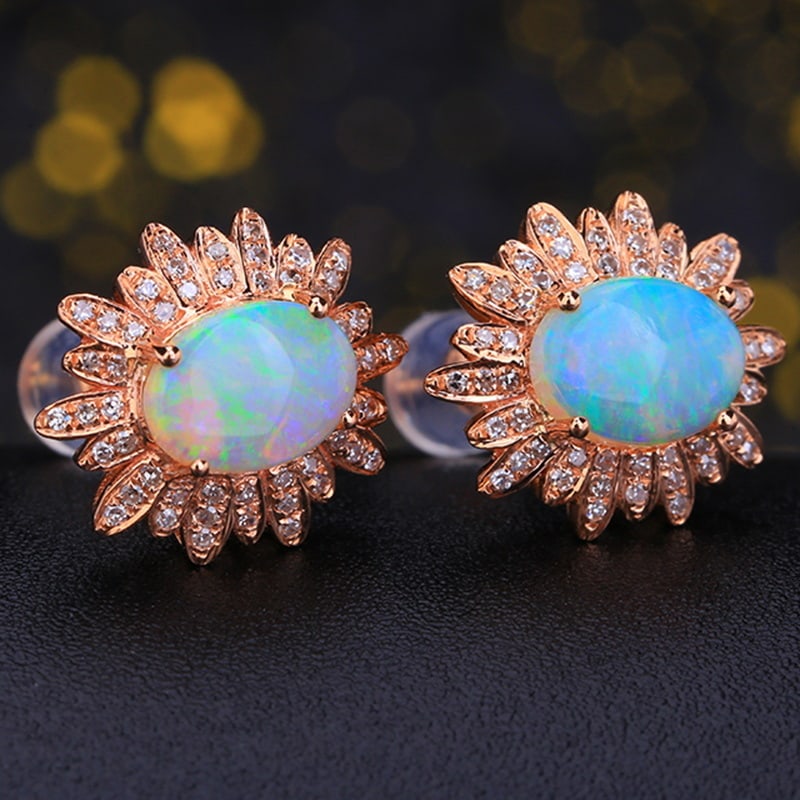 14k Gold 1.45 Ct Natural Opal & Diamond Earrings - 3