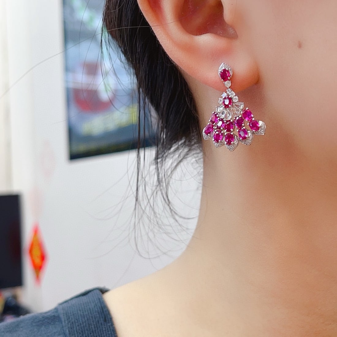 14k Gold 5.80 Ct Natural Ruby & Diamond & Sapphire Earrings - 6
