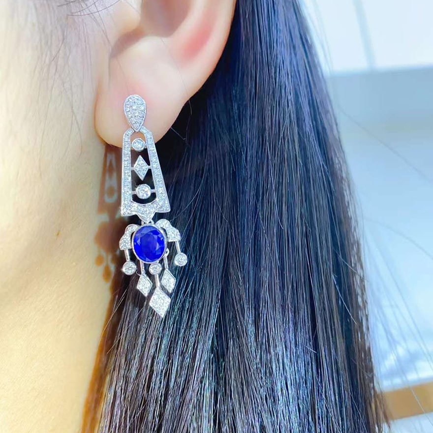 14k Gold 2.97 Ctw Natural Sapphire & Diamond Earrings - 4