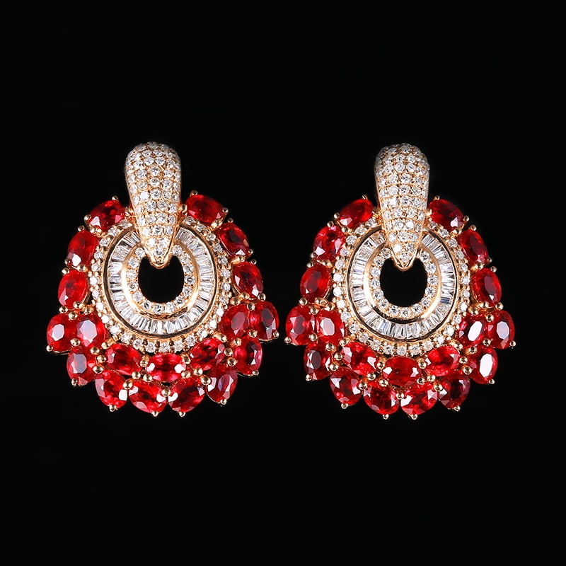 14k Gold 4.77 Ctw Natural Ruby & Diamond Earrings: Ref:231031033 // gold content:14k gold // main gemstone:ruby // shape:oval // carat weight:3. 9ct // color:pigeonblood red // treatment:natural // // adjacent gemstone 2 : diamond // number of stones: