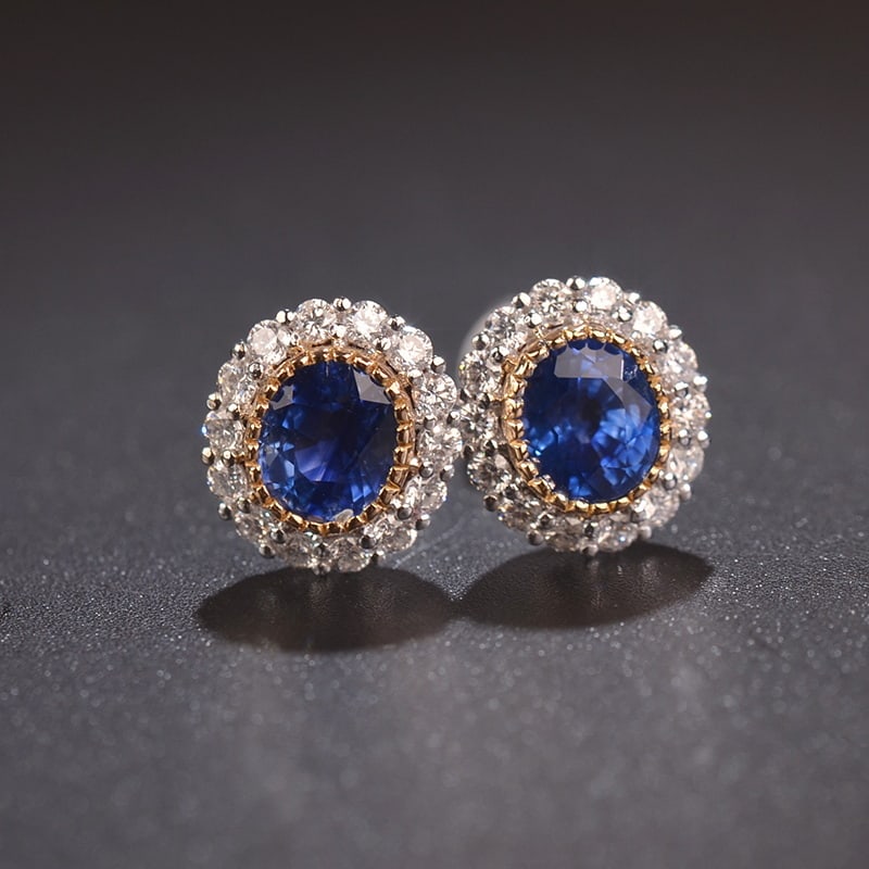 14k Gold 2.1 Ct Natural Sapphire & Diamond Earrings: Ref:231031041 // gold content:14k gold // main gemstone:sapphire // shape:oval // carat weight:2. 1ct // color:blue // treatment:natural // // adjacent gemstone 2 : diamond // shape:round // clarity g