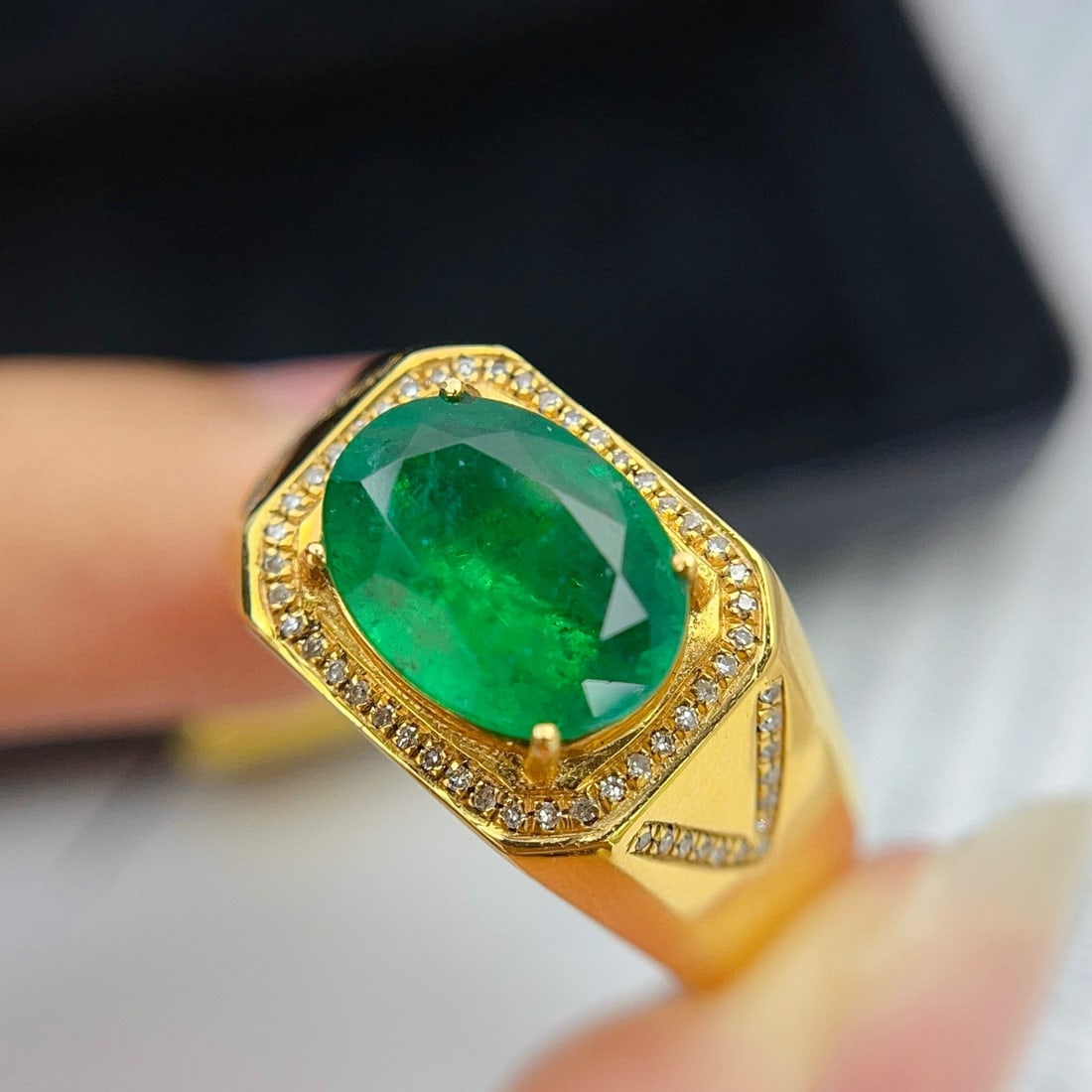 14k Gold 2.85 Ct Vivid Green Natural Emerald & Diamond & Men¡¯s Ring - 7
