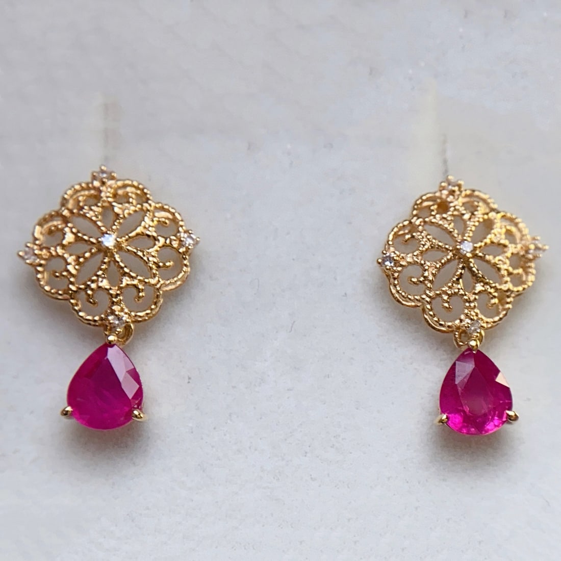 14k Gold 1.40 Ct Natural Ruby & Diamond Earrings - 2