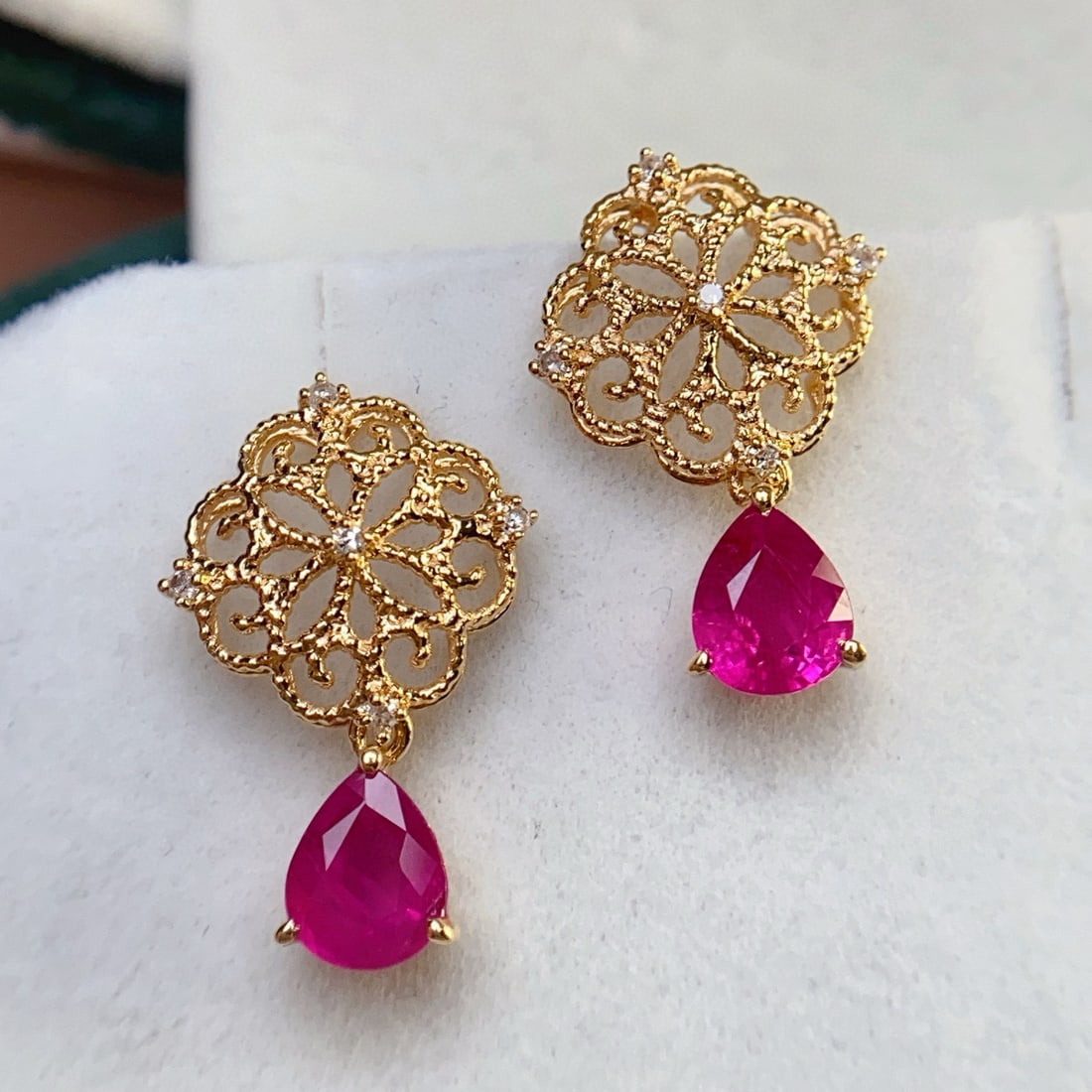 14k Gold 1.40 Ct Natural Ruby & Diamond Earrings - 4