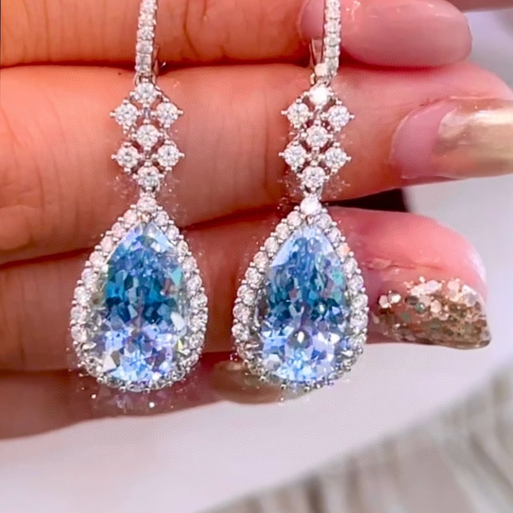 14k Gold 10.40 Ctw Natural Aquamarine & Diamond Earrings - 2