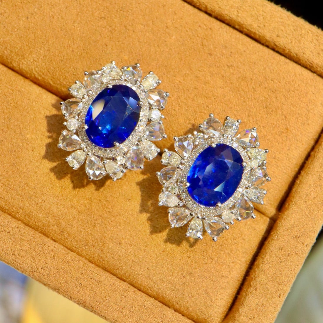 14k Gold 5.26 Ctw Vivid Blue Natural Sapphire & Diamond Earrings - 2