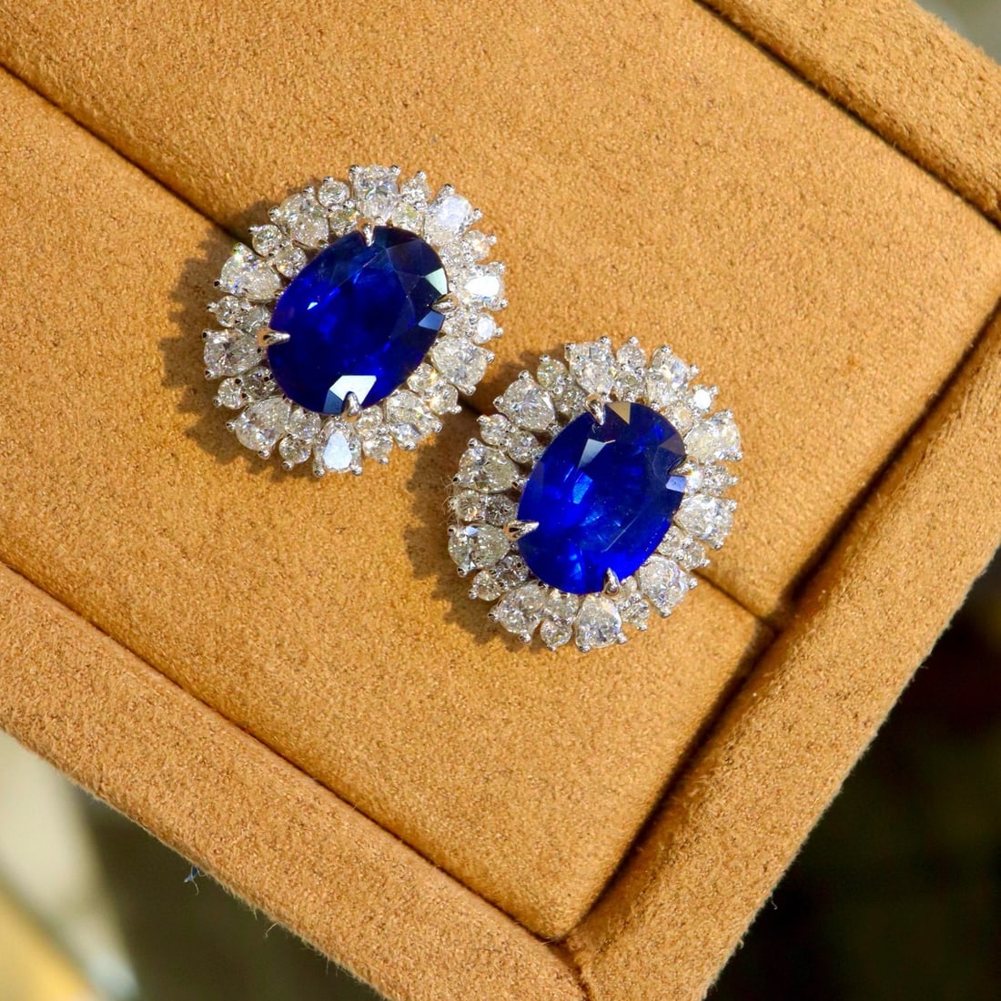 14k Gold 4.89 Ctw Vivid Blue Natural Sapphire & Diamond Earrings - 2