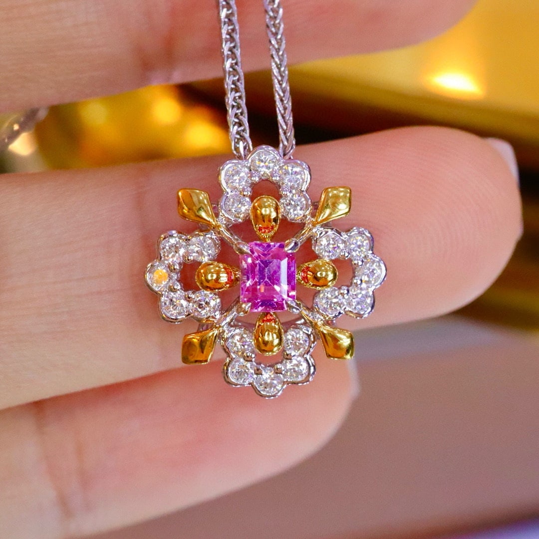 14k Gold 0.70 Ctw Natural Padparadscha Sapphire & Diamond Pendant( Without Chain ): Ref:231031119 // gold content:14k gold // main gemstone:padparadscha sapphire // shape:octagonal // carat weight:0. 40ct // color:orangish pink // treatment:natural // // adjacent gemstone 2 :