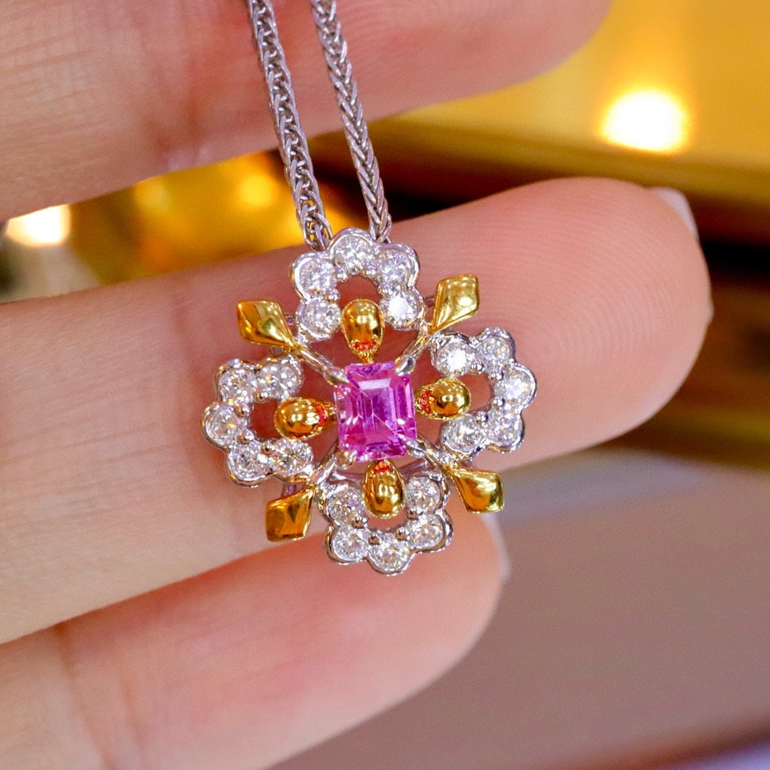 14k Gold 0.70 Ctw Natural Padparadscha Sapphire & Diamond Pendant( Without Chain ) - 2