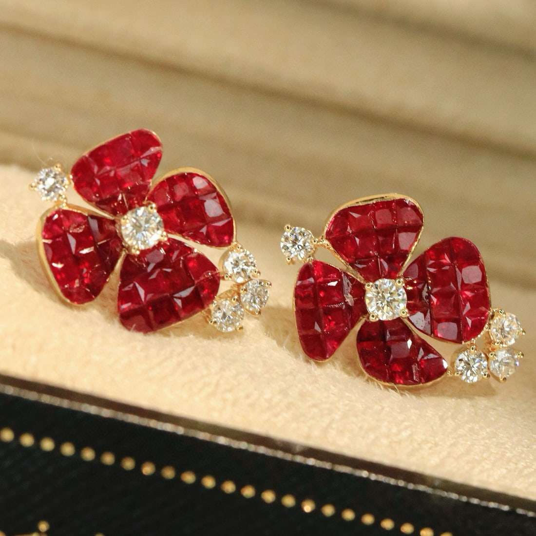 14k Gold 3.38 Ctw Vivid Red Natural Ruby & Diamond Earrings: Ref:231031125 // gold content:14k gold // main gemstone:ruby // shape:other // carat weight:2. 8ct // color:vivid red // treatment:natural // // adjacent gemstone 2 : diamond // shape:round // carat