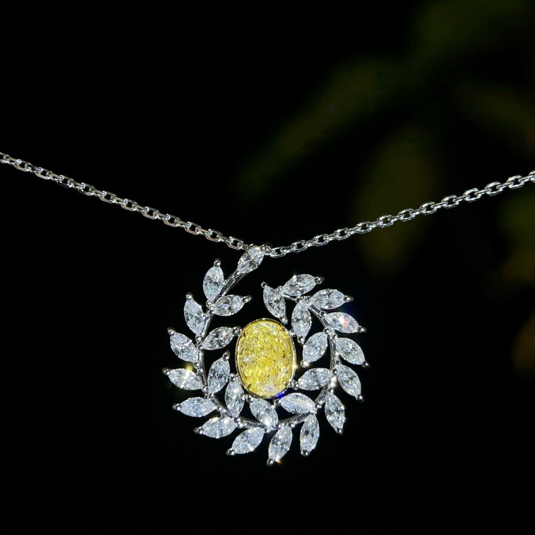 14k Gold 1.65 Ctw Natural Yellow Diamond & Diamond Necklace: Ref:231031127 // gold content:14k gold // main gemstone:yellow diamond // shape:oval // carat weight:0. 67ct // color:yellow // treatment:natural // // adjacent gemstone 2 : diamond // shape:marquise