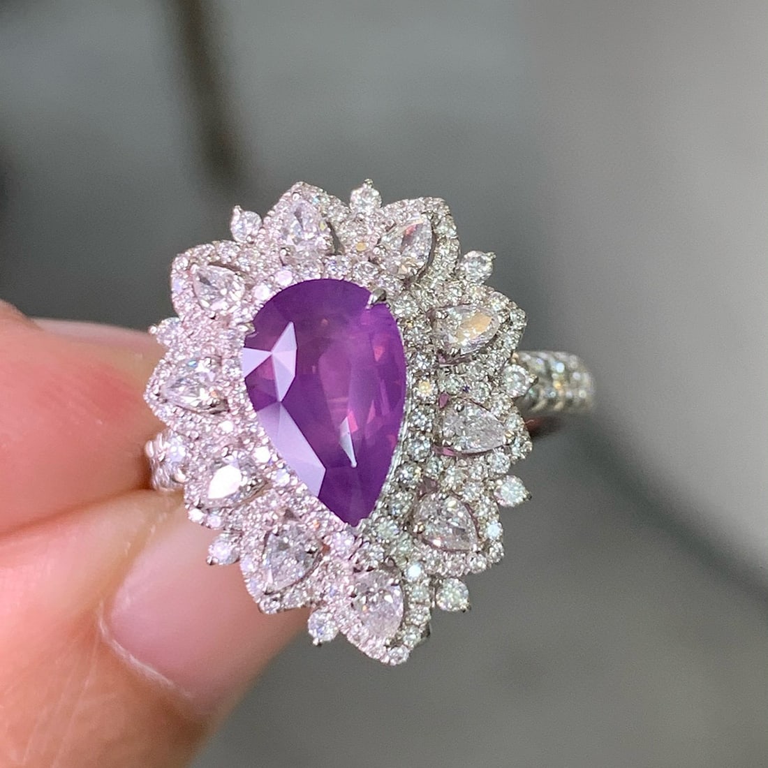14k Gold 3.37 Ctw Natural Sapphire & Diamond Ring/pendant( Without Chain ): Ref:231031148 // gold content:14k gold // ring size:7. 25us // // main gemstone:sapphire // shape:pear // carat weight:2. 11ct // color:purple // treatment:natural // // adjacent gemstone 2 : diamond