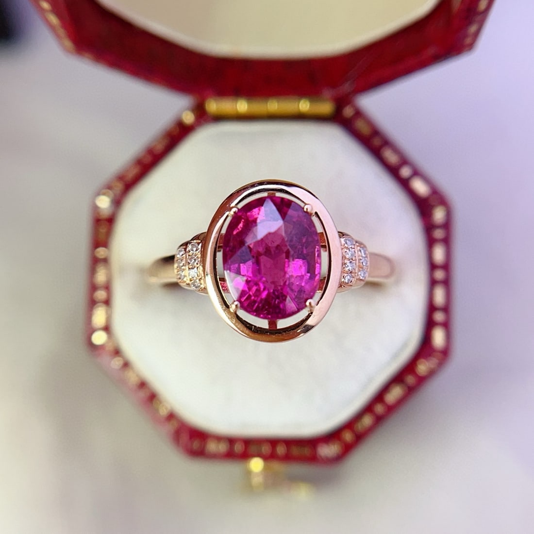 14k Gold 1.65 Ct Natural Tourmaline & Diamond Ring: Ref:231031153 // gold content:14k gold // ring size:7. 25us // // main gemstone:tourmaline // shape:oval // carat weight:1. 65ct // color:red // treatment:natural // // adjacent gemstone 2 : diamond