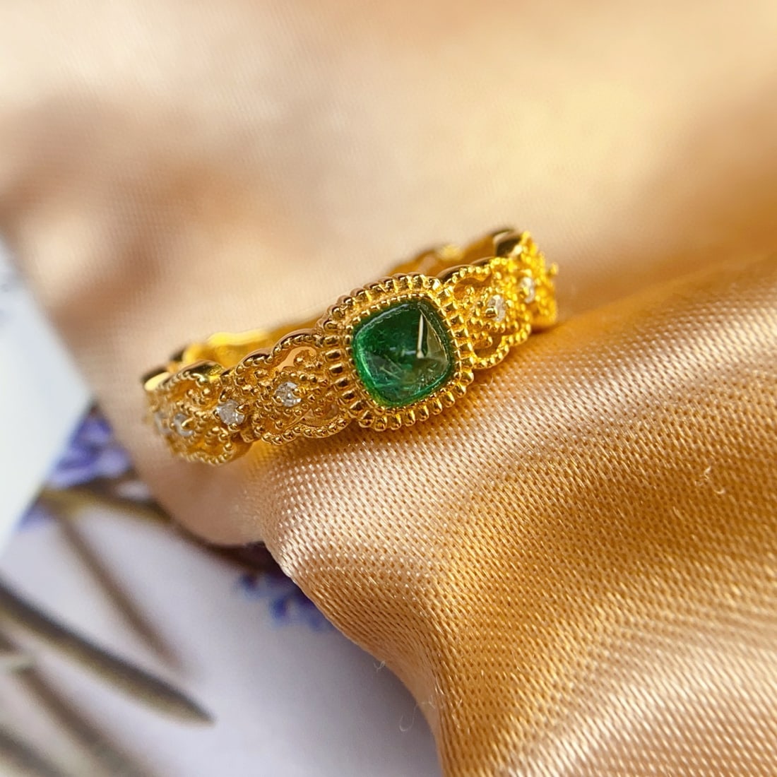 14k Gold 0.40 Ct Natural Emerald & Diamond Ring - 5