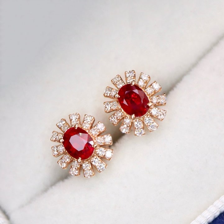 14k Gold 0.85 Ctw Vivid Red Natural Ruby & Diamond Earrings - 2