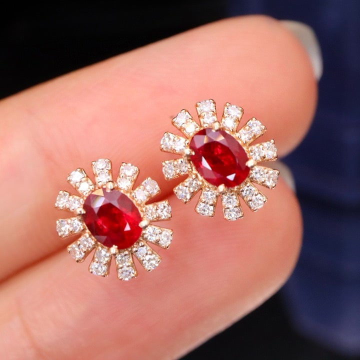 14k Gold 0.85 Ctw Vivid Red Natural Ruby & Diamond Earrings - 6