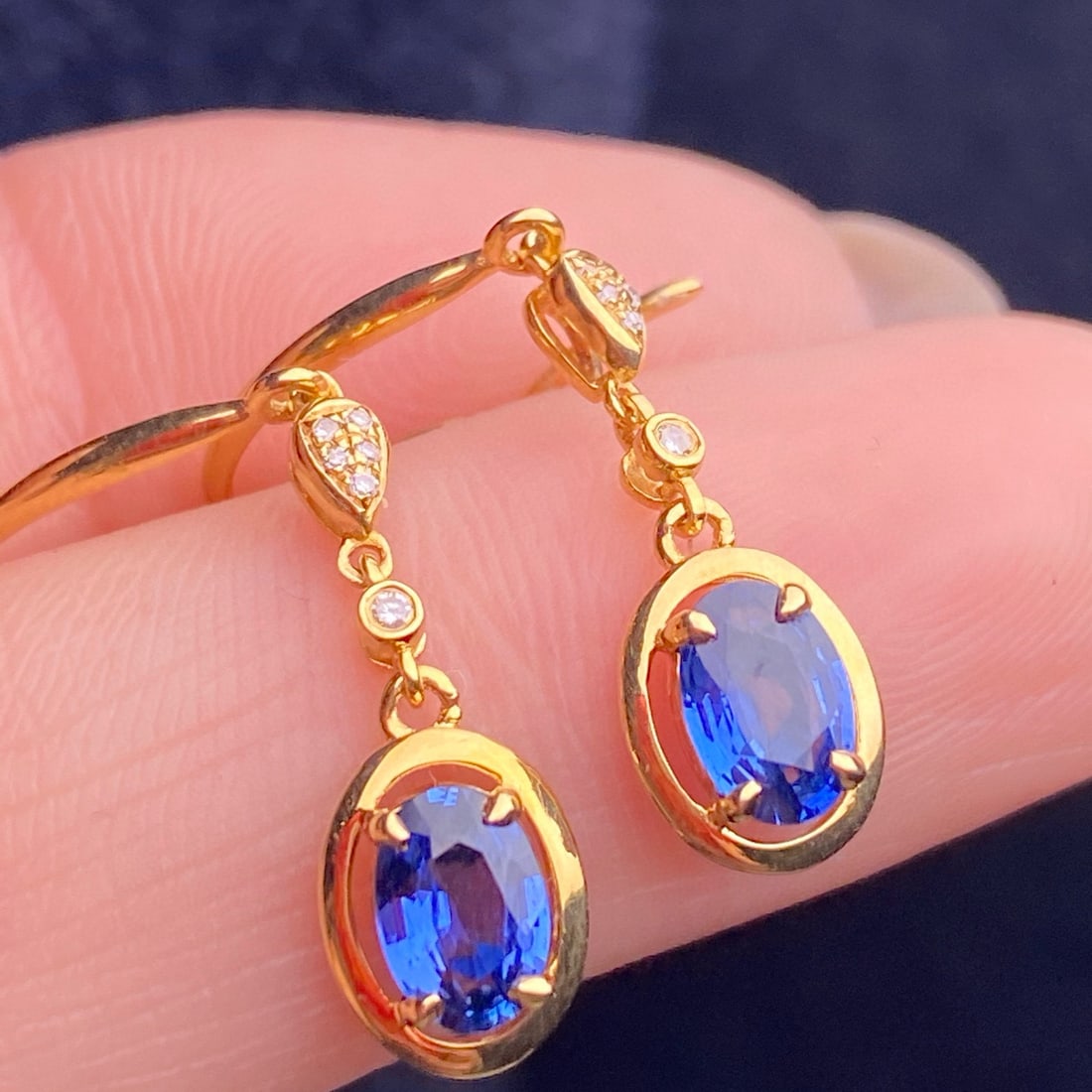 14k Gold 1.40 Ct Natural Sapphire & Diamond Earrings - 2