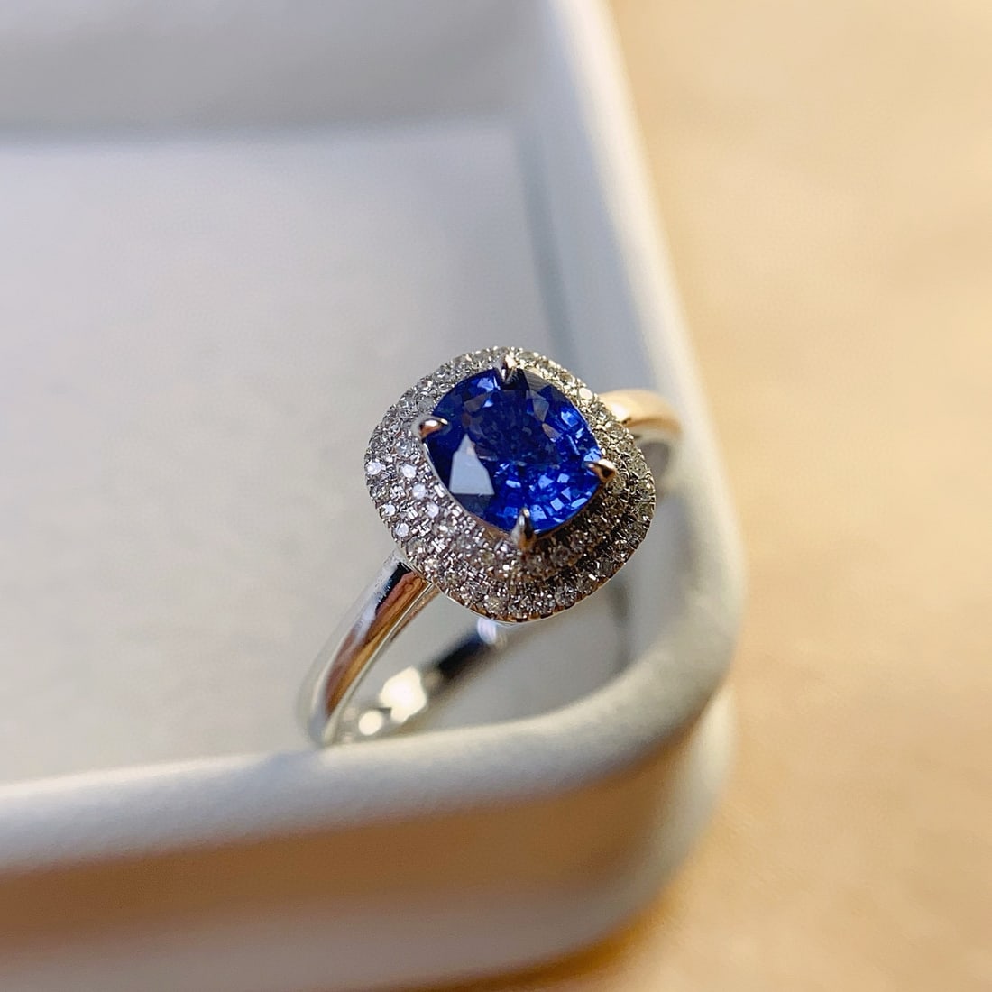 14k Gold 1.25 Ct Natural Sapphire & Diamond Ring: Ref:231031196 // gold content:14k gold // ring size:7. 25us // // main gemstone:sapphire // shape:cushion // carat weight:1. 25ct // color:blue // treatment:natural // // adjacent gemstone 2 :