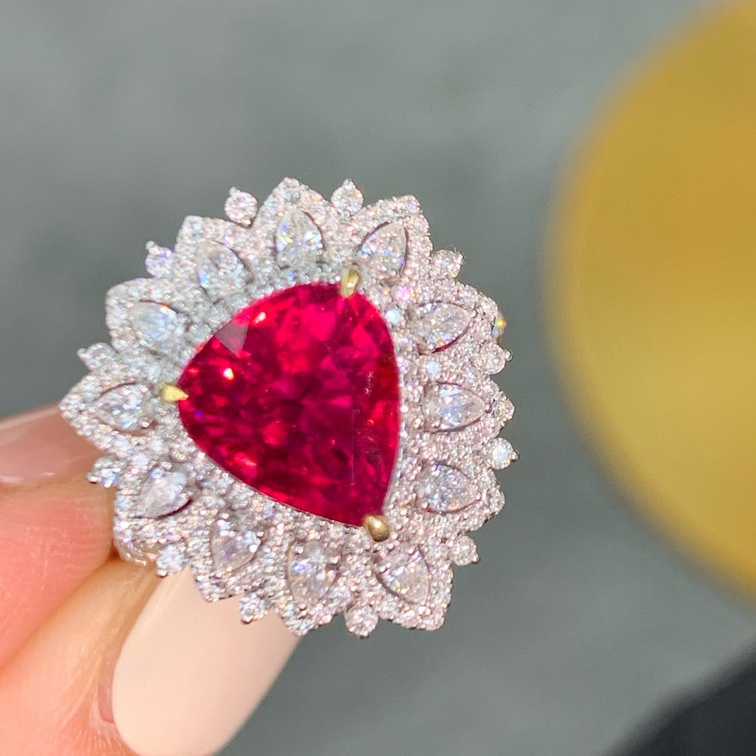 14k Gold 5.60 Ctw Natural Tourmaline & Diamond Ring/pendant( Without Chain ): Ref:231031213 // gold content:14k gold // ring size:7. 25us // // main gemstone:tourmaline // shape:pear // carat weight:4. 14ct // color:red // treatment:natural // // adjacent gemstone 2 : diamond