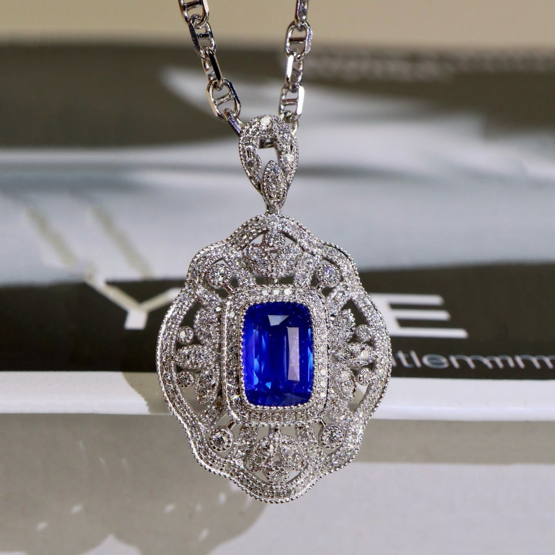 14k Gold 2.75 Ctw Natural Sapphire & Diamond Pendant( Without Chain ): Ref:231031227 // gold content:14k gold // main gemstone:sapphire // shape:cushion // carat weight:2. 05ct // color:blue // treatment:natural // // adjacent gemstone 2 : diamond // shape:round //