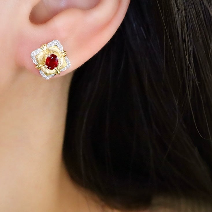 14k Gold 0.62 Ctw Natural Ruby & Diamond Earrings - 2