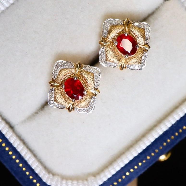 14k Gold 0.62 Ctw Natural Ruby & Diamond Earrings - 3