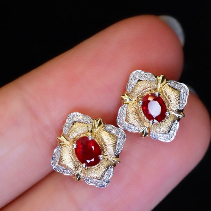 14k Gold 0.62 Ctw Natural Ruby & Diamond Earrings - 5
