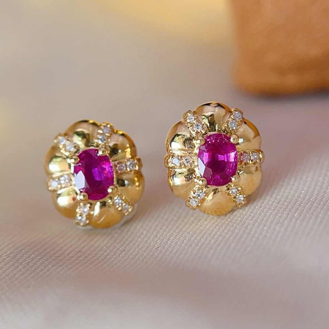 14k Gold 0.75 Ct Natural Ruby & Diamond Earrings - 2