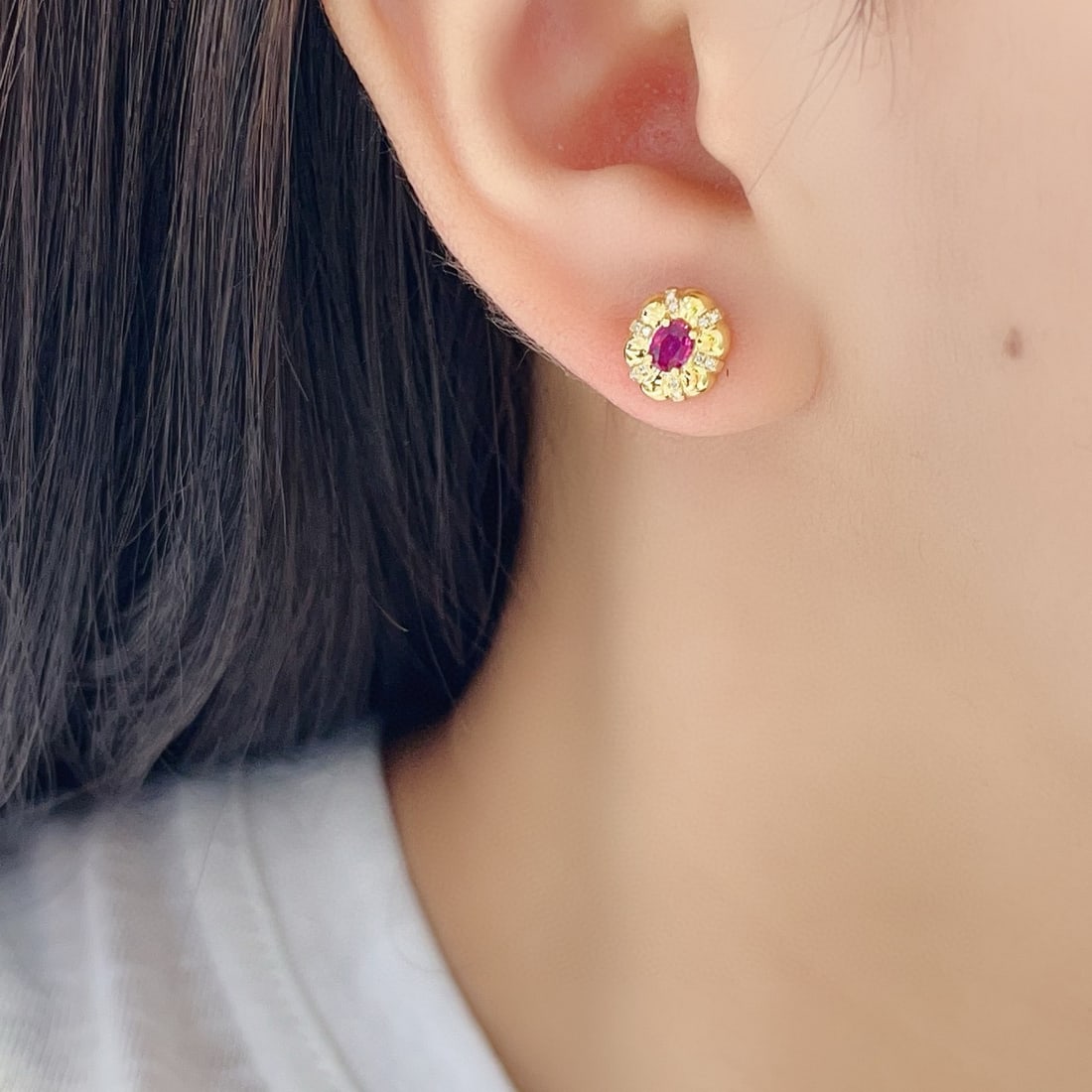 14k Gold 0.75 Ct Natural Ruby & Diamond Earrings - 5